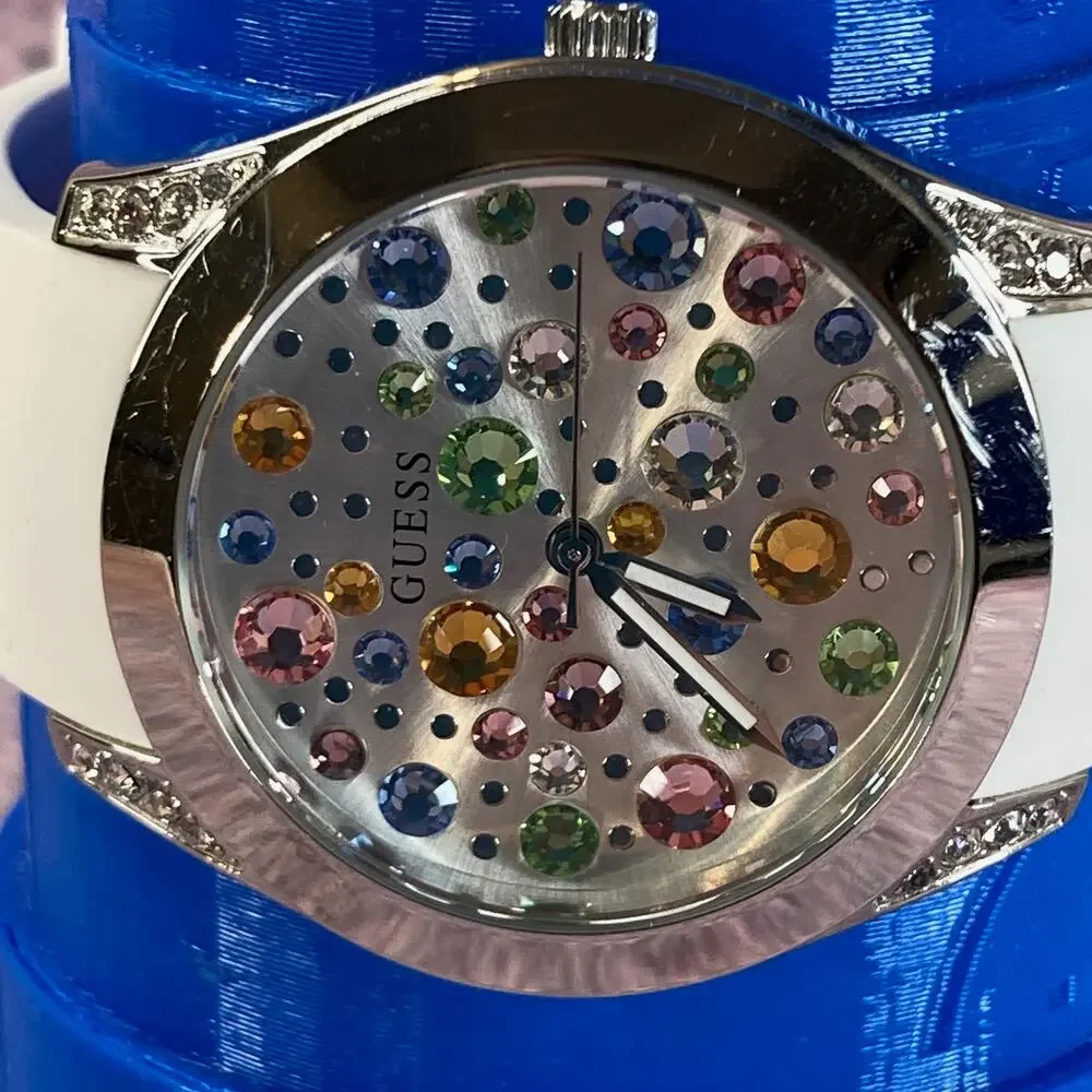 0016 Guess Wanderlust Silver Tone & Pastel Crystals w/White Silicone Strap READ